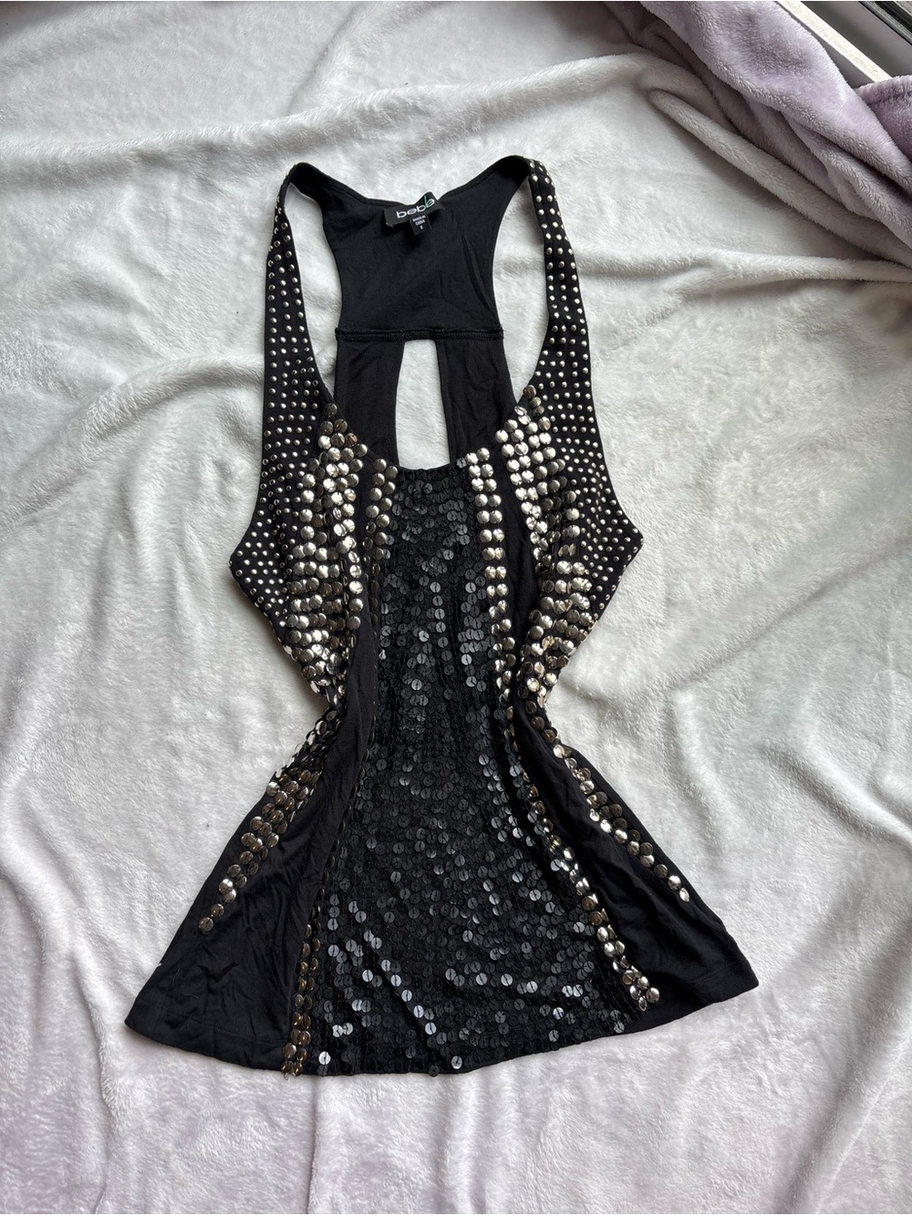 BeBe Black Studded Sequin embellished Racerback Tank Top with Sequin Panel - Picture 3 of 4